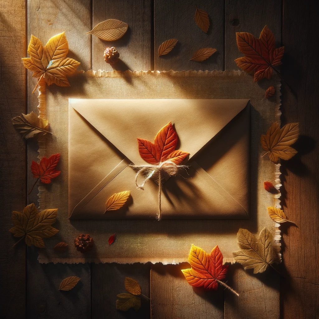 DALL·E 2024-04-01 14.19.21 – Une image photoréaliste d’une enveloppe posée sur une surface en bois, illuminée par une lumière douce et chaude typique de l’automne. La lumière met